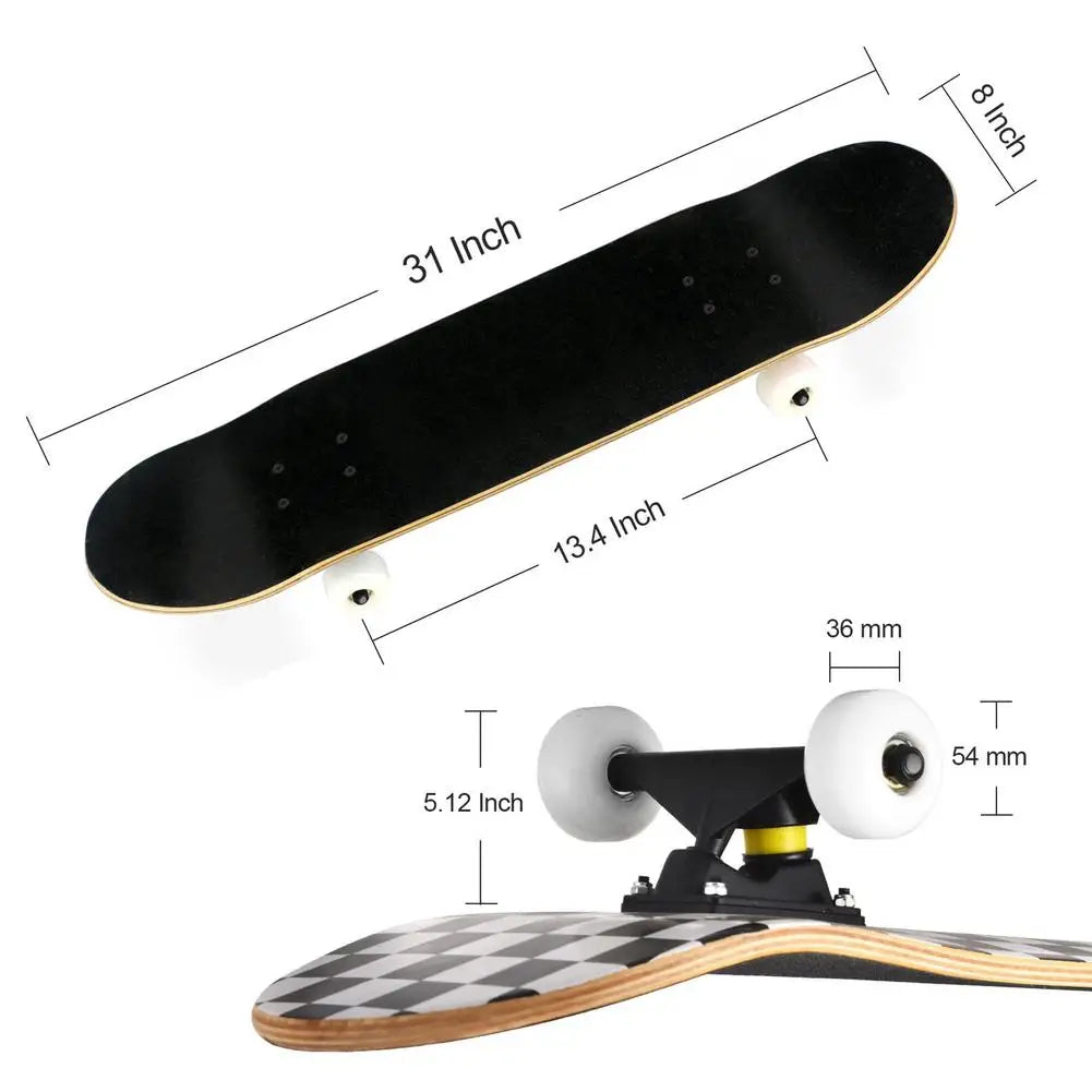 Outdoor Skateboard 7-layer Maple Rocker Board 4 Wheels Teenager Adult Figure Skating Street Double Up Board Black White Grid