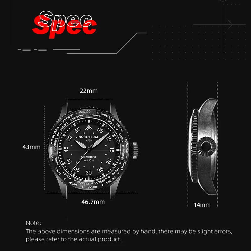 NORTH EDGE Solar Power Waterproof 50M Wristwatch Luminous Environmental