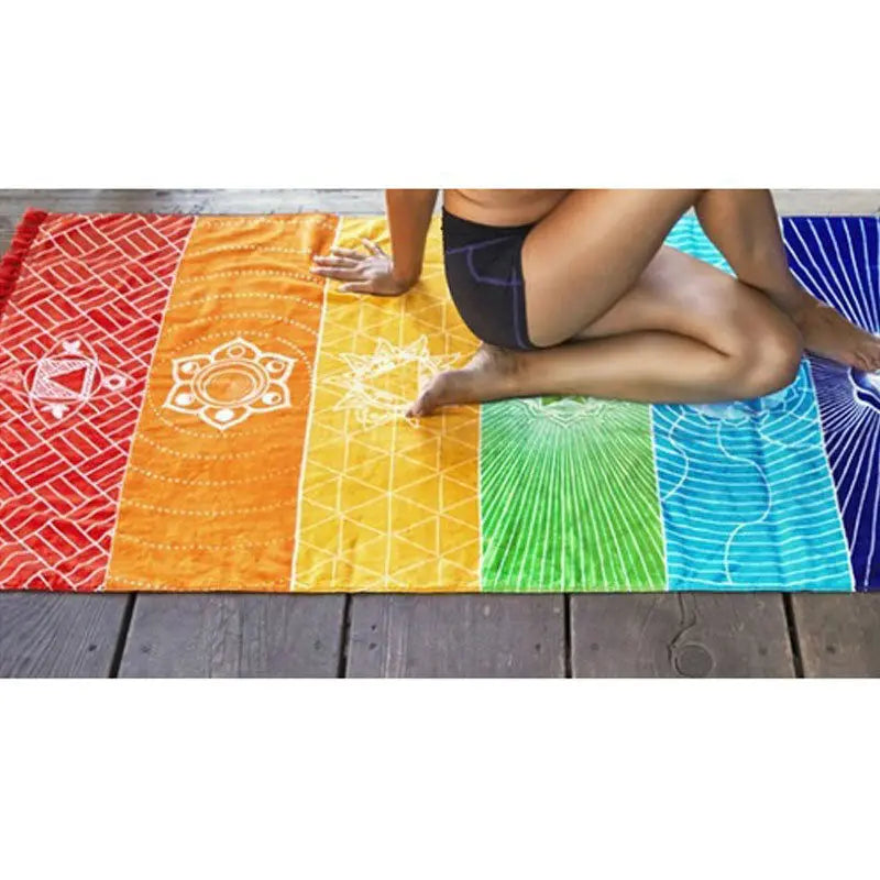 Rainbow Boho Beach Mat Mandala Blanket Striped Wall Hanging Tapestry Scarf Yoga Mat DIN889