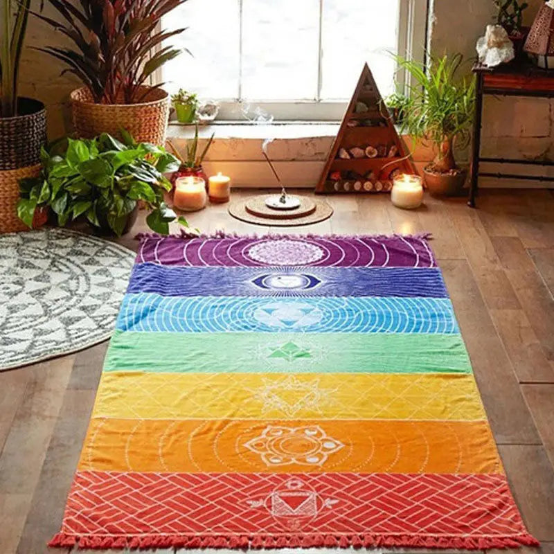 Rainbow Boho Beach Mat Mandala Blanket Striped Wall Hanging Tapestry Scarf Yoga Mat DIN889