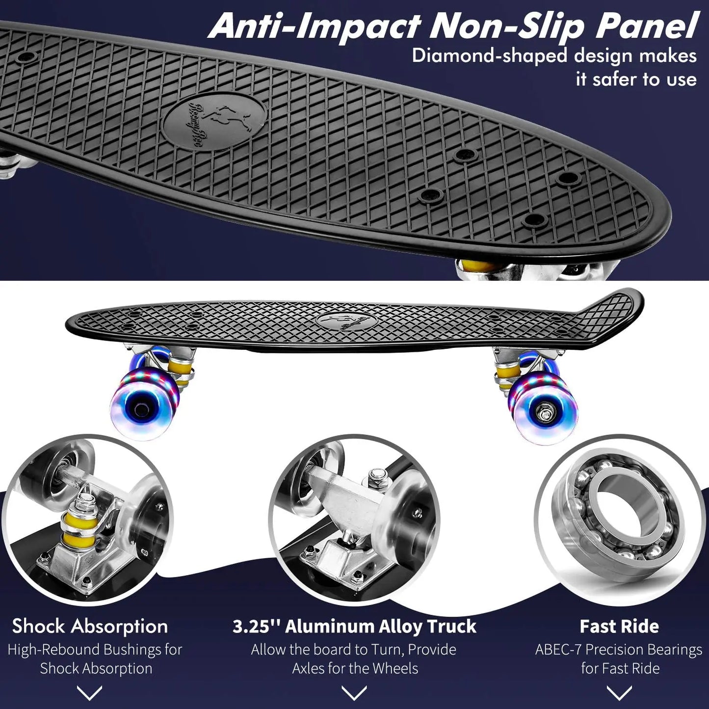 Jusenda Skateboard 22in Mini Cruiser Children's Penny Board Pastel Longboard Fish Skate Board Flashing Wheels Banana Skateboard