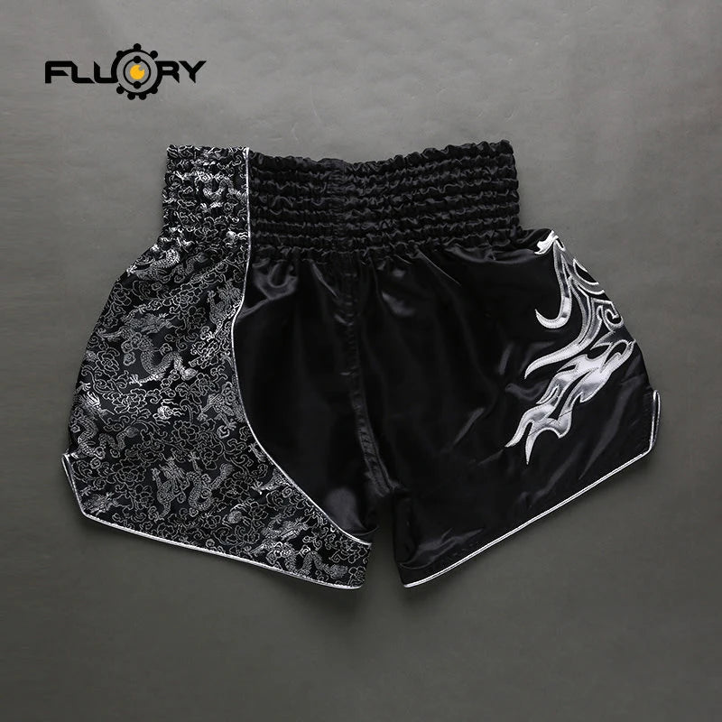 Fluory printing Fight shorts Boxing Shorts embroidery  patches Muay thai shorts