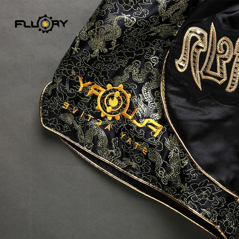 Fluory printing Fight shorts Boxing Shorts embroidery  patches Muay thai shorts