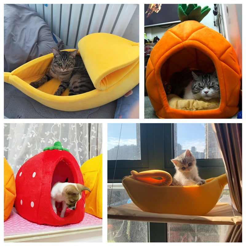 New Creative Plush Small Pet Bed House Banana Pineapple Strawberry Shape Soft Dog Cat Kennel Cage Comfortable Banana Cat Bed