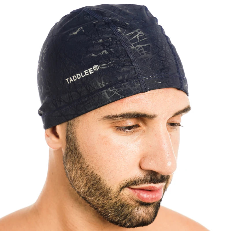 Taddlee Men Swim Cap PU Fabric Silicone Lycra Swimming Hat Pool Waterproof Sports Adult Swim Wear Accessories Large Size Outdoor