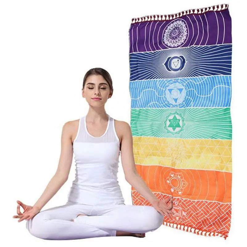 Rainbow Boho Beach Mat Mandala Blanket Striped Wall Hanging Tapestry Scarf Yoga Mat DIN889