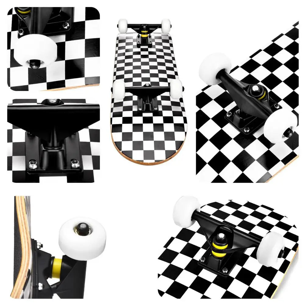 Outdoor Skateboard 7-layer Maple Rocker Board 4 Wheels Teenager Adult Figure Skating Street Double Up Board Black White Grid