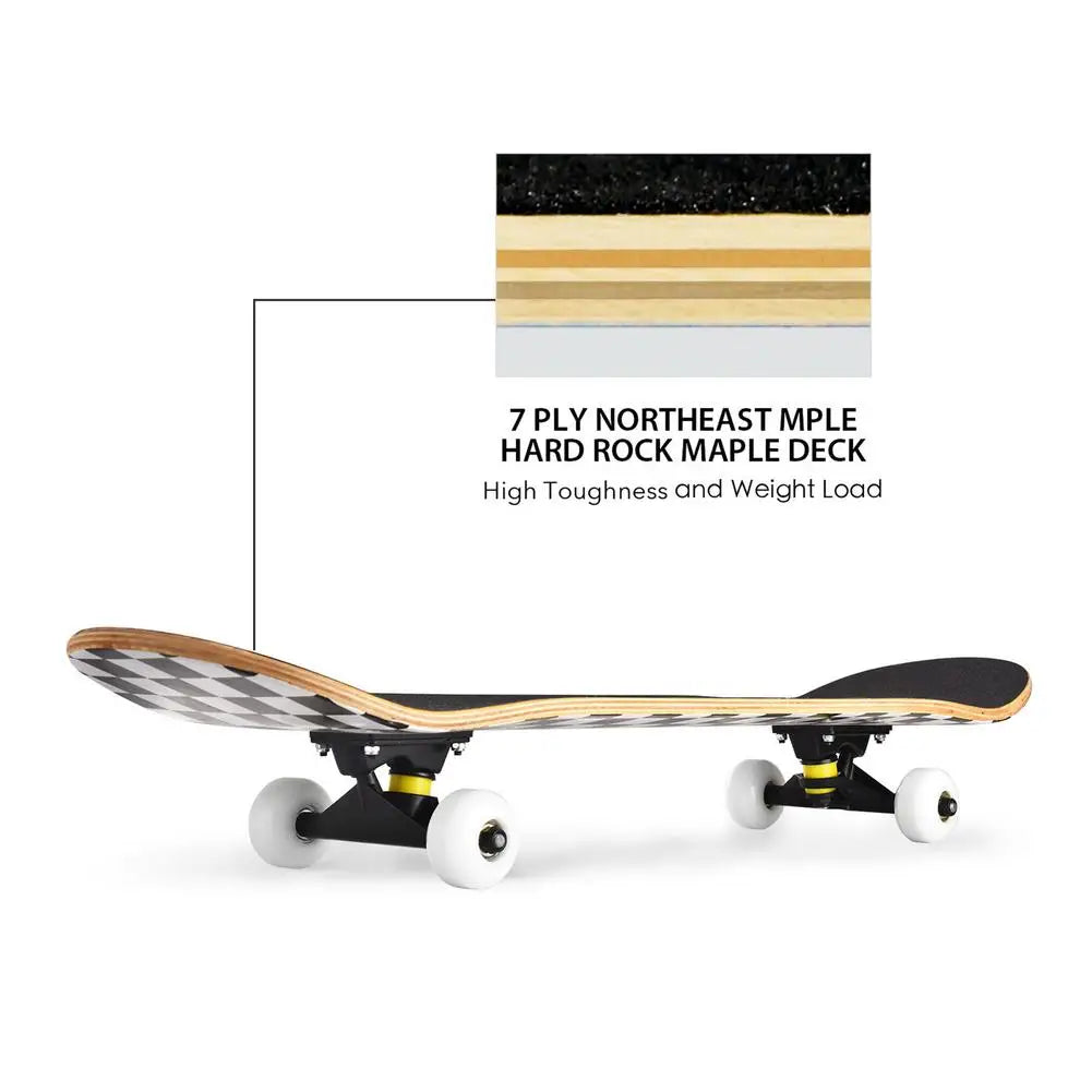 Outdoor Skateboard 7-layer Maple Rocker Board 4 Wheels Teenager Adult Figure Skating Street Double Up Board Black White Grid