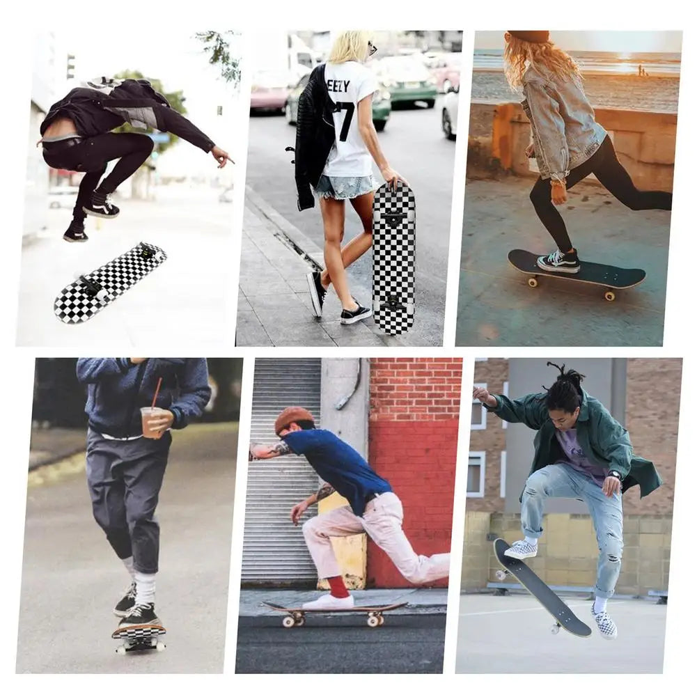 Outdoor Skateboard 7-layer Maple Rocker Board 4 Wheels Teenager Adult Figure Skating Street Double Up Board Black White Grid