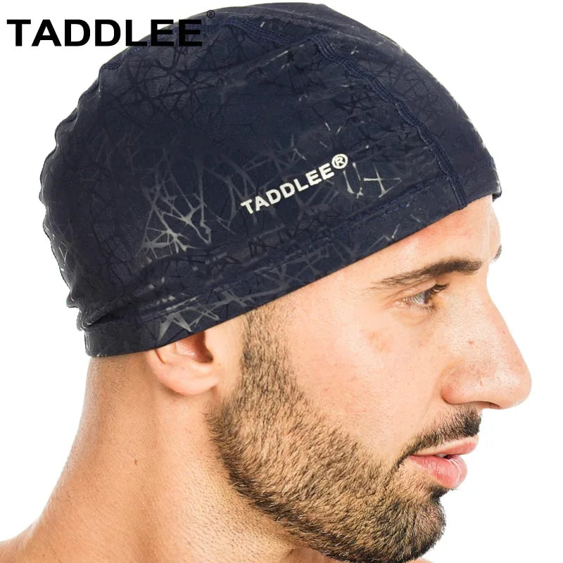 Taddlee Men Swim Cap PU Fabric Silicone Lycra Swimming Hat Pool Waterproof Sports Adult Swim Wear Accessories Large Size Outdoor