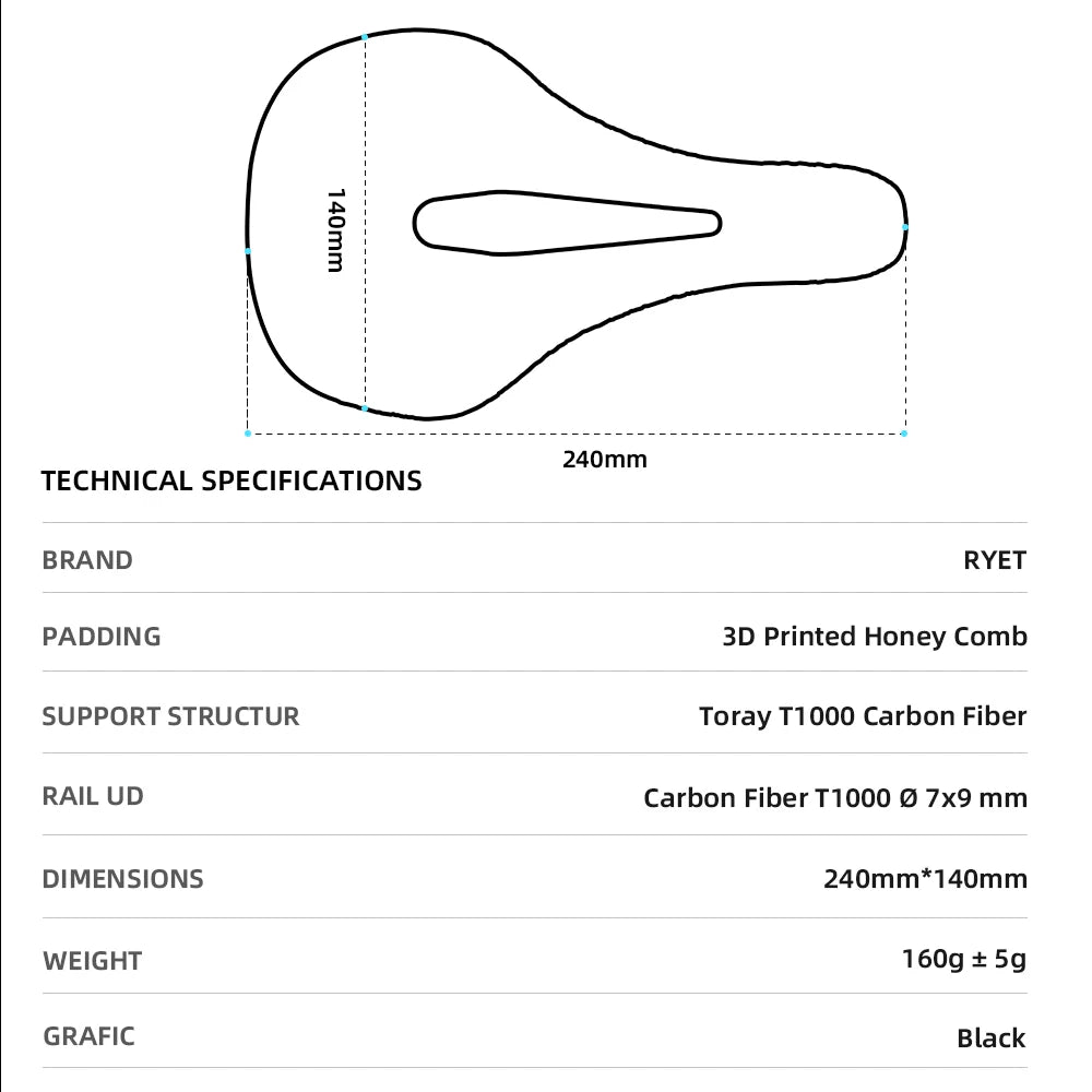 RYET 3D Printed Bike Carbon Saddle 140mm 143mm Super Light Road MTB Racing Saddles Bicycle Seat Cushion Cycling Seating Parts