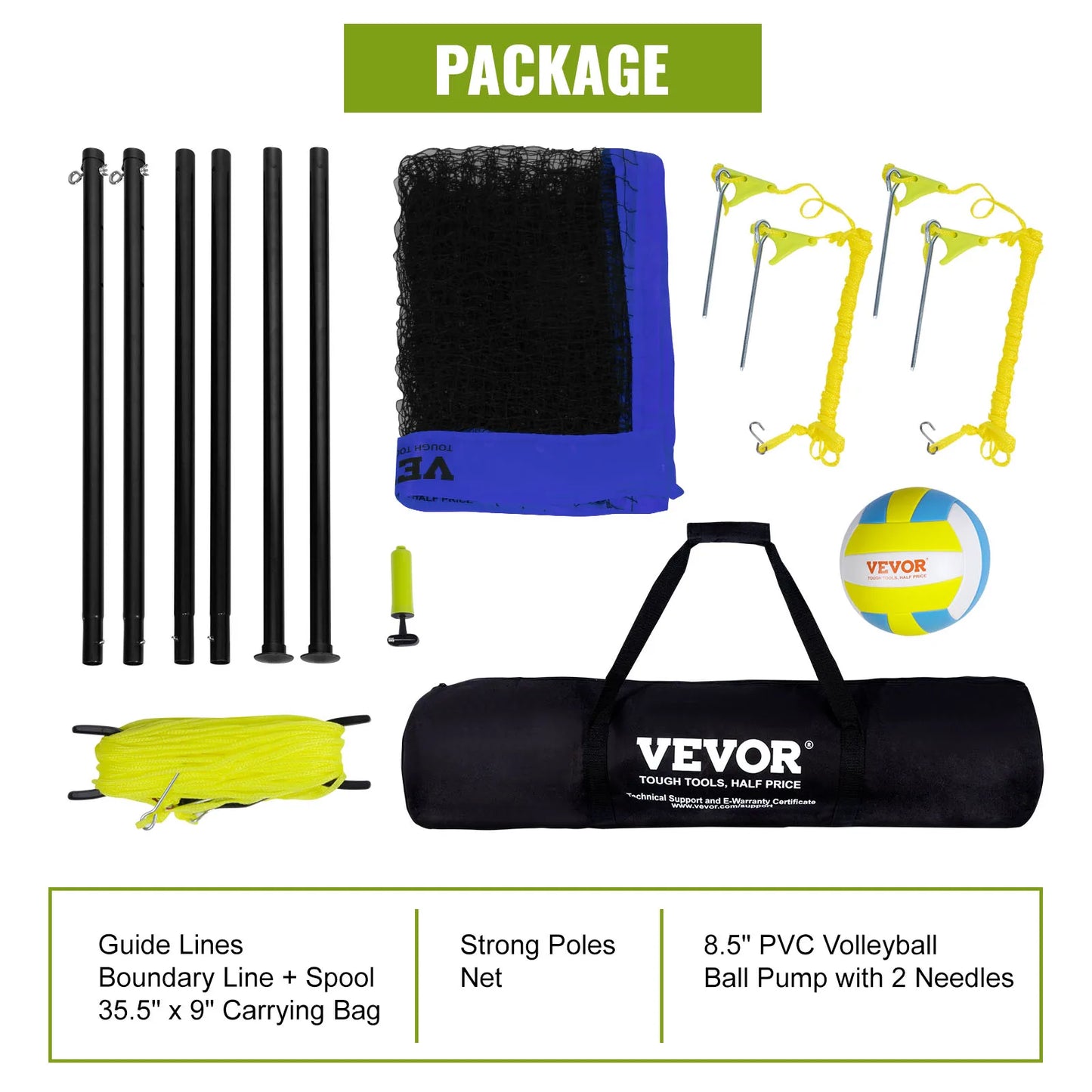 VEVOR Outdoor Volleyball Net System Adjustable Height Steel Poles with PVC Volleyball Pump Carrying Bag for Backyard Beach Lawn