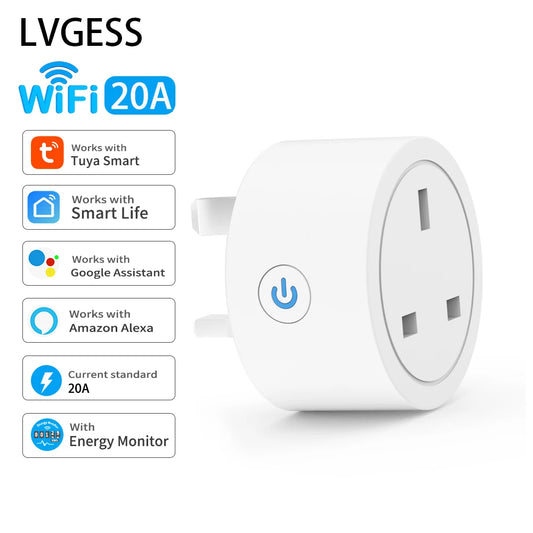 20A Tuya Smart Socket WiFi UK Plug 3pin Adapter Home Alexa Voice Control With Energy Monitering Timer Function Power Outlet Set