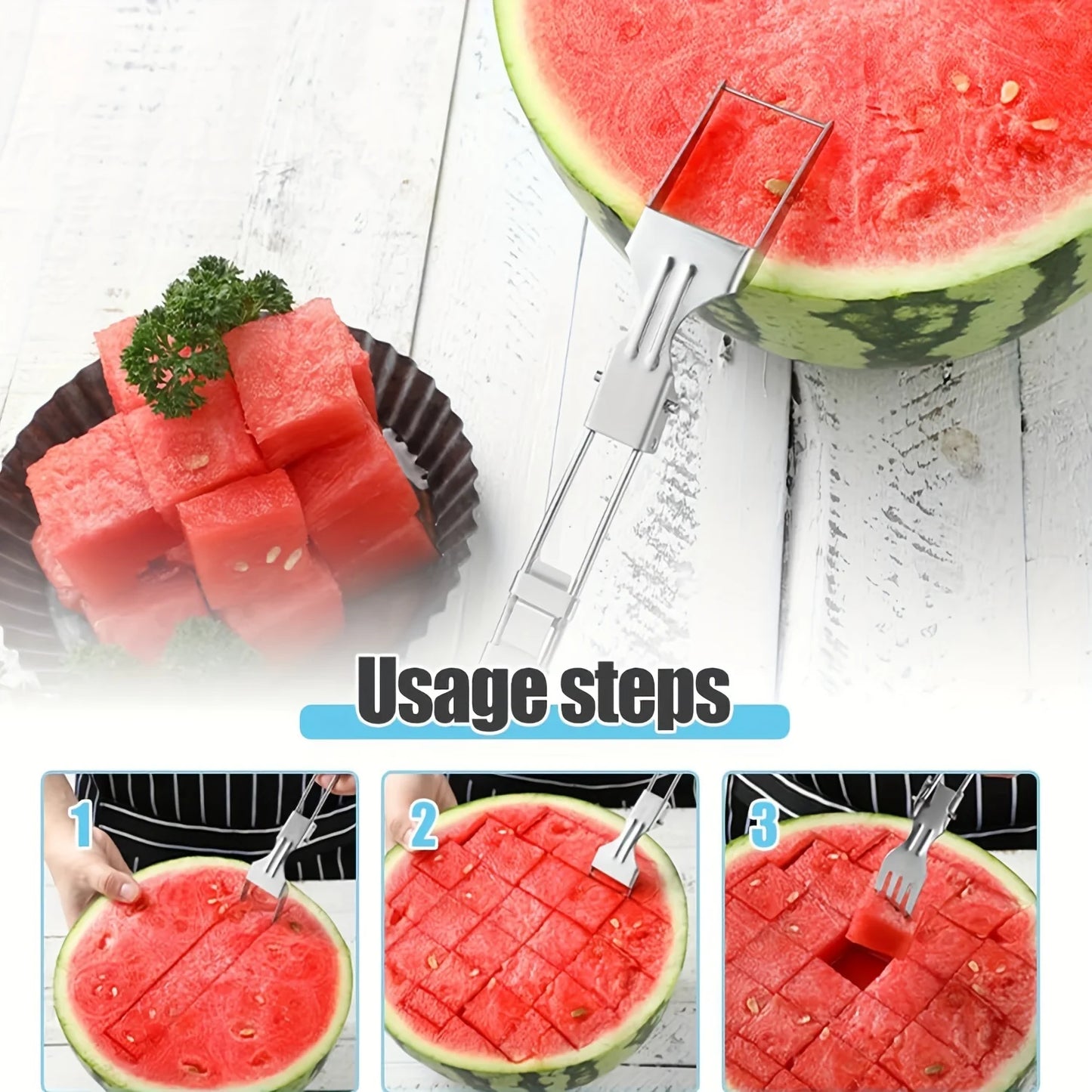 2-in-1 Stainless Steel Fruit Cutter,Dual Head Watermelon Fork Cutter Slicer Tool For Home Kitchen Gadget Melon Cube Cutter