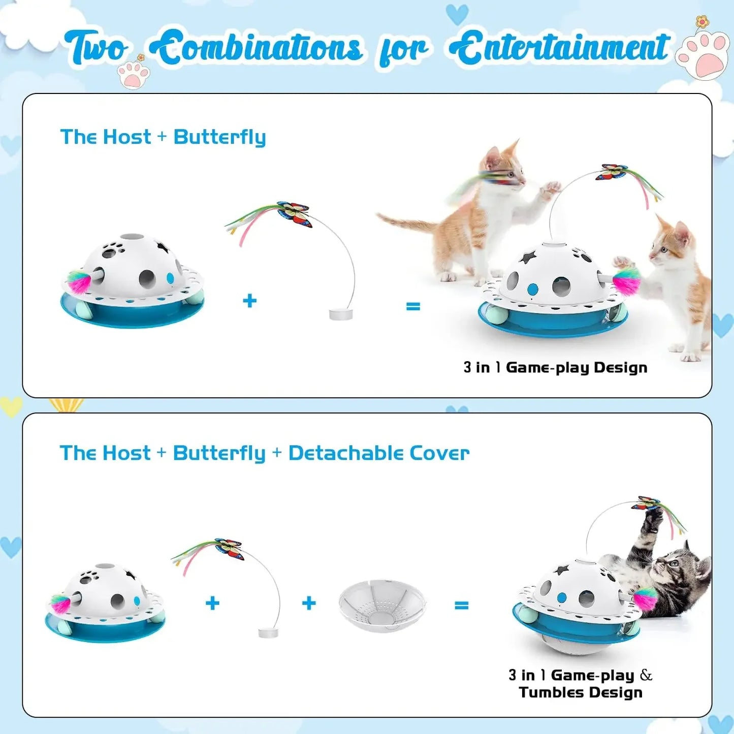 Smart Cat Toys Ball Tumbler Dual Power Supply Interactive Cat Toy Butterfly Fluttering Random Moving Ambush Feather Track Balls