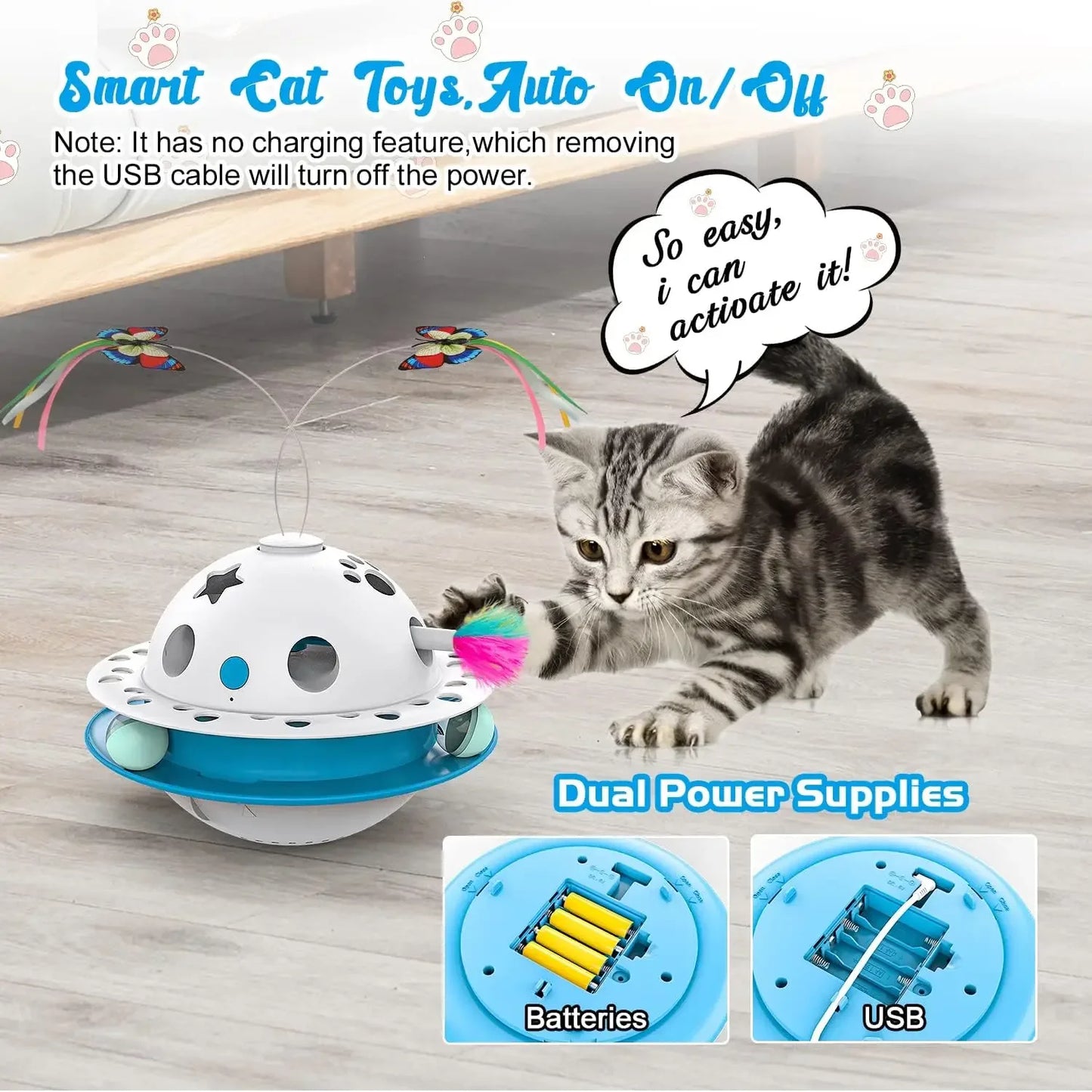 Smart Cat Toys Ball Tumbler Dual Power Supply Interactive Cat Toy Butterfly Fluttering Random Moving Ambush Feather Track Balls