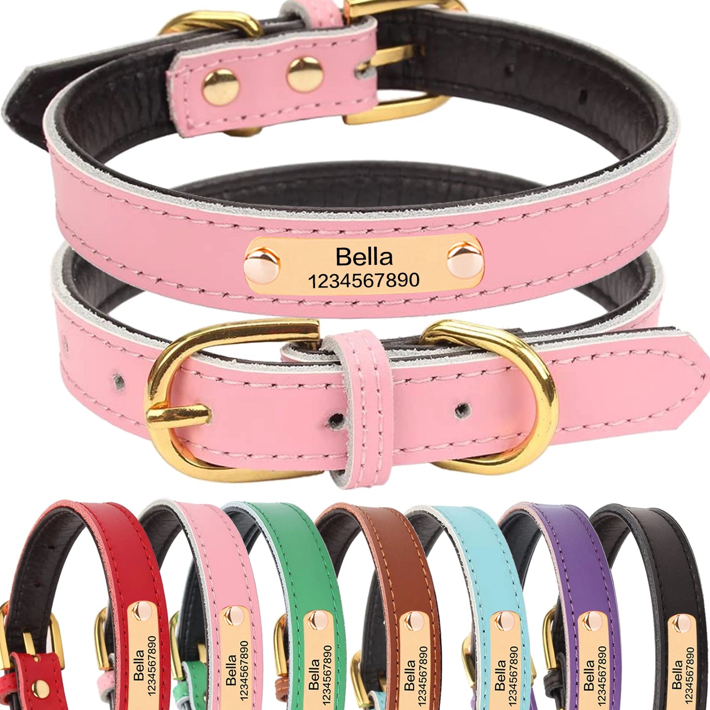 Personalized Leather Padded Dog Collar Customized ID Free Engraving Nameplate Pet Collars For Small Medium Dogs