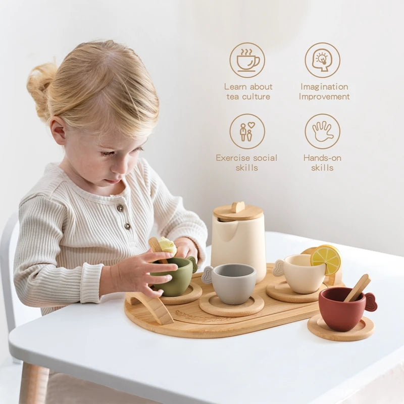 Wooden Children Montessori Toy Teapot Teacup Simulation Kitchen Utensil  BPA Free Silicone Kid Education Pretend Play Toy Gift