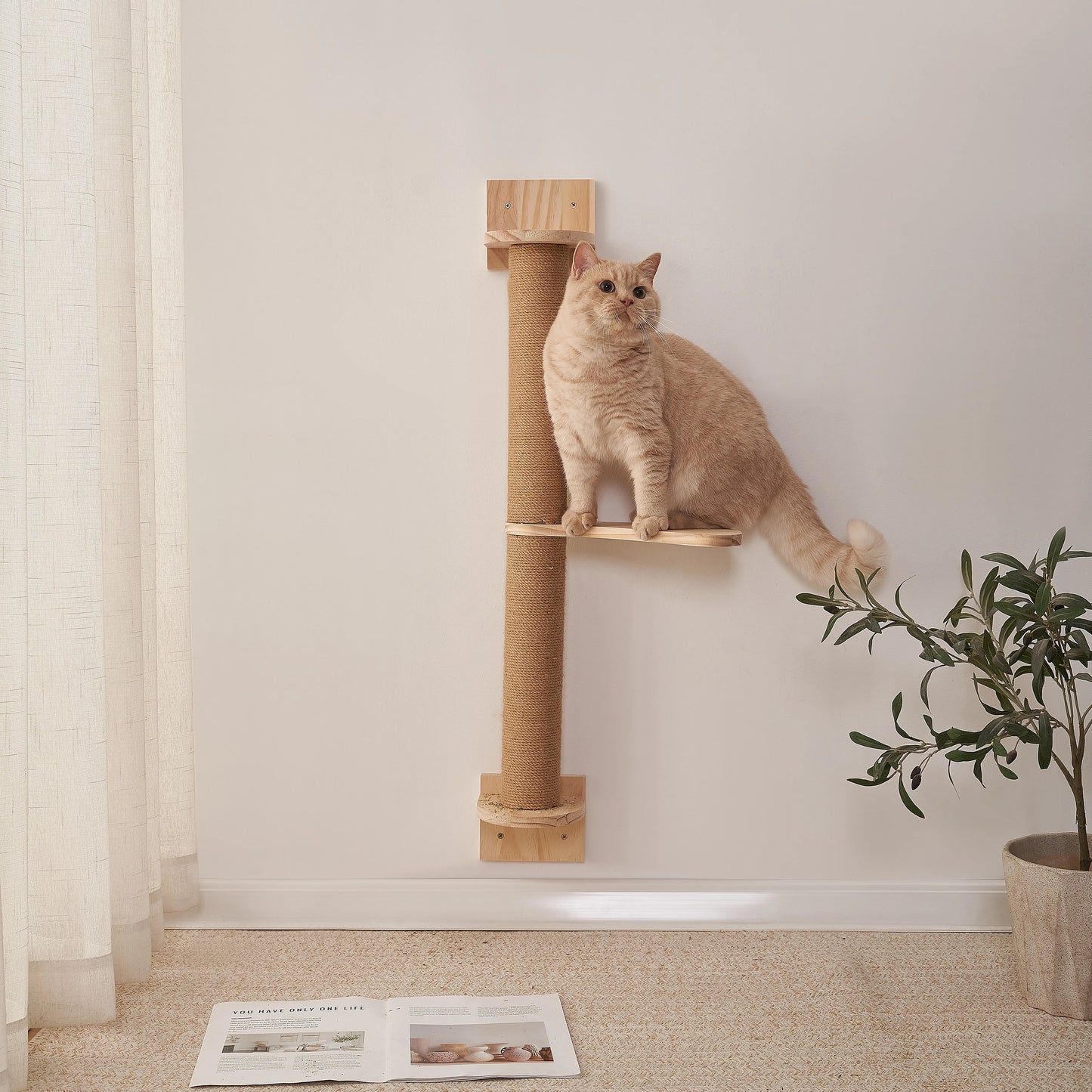 1pc Cat Climbing Wall Post, Tall Scratch Pole With Linen Rope, Platform, Hanging Cat Activity Tree With Scratching Post, Sturdy