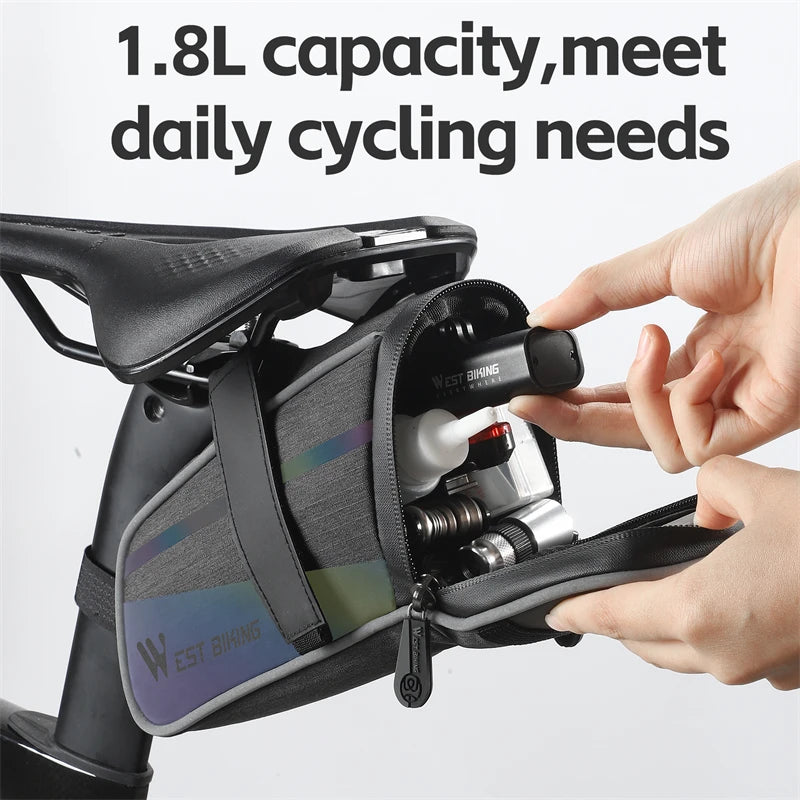 WEST BIKING 1.8L Bicycle Saddle Bag Storage Bike Seat Tail Rear Pouch Bag Accessory Kit Tool Reflective Cycling Accessories