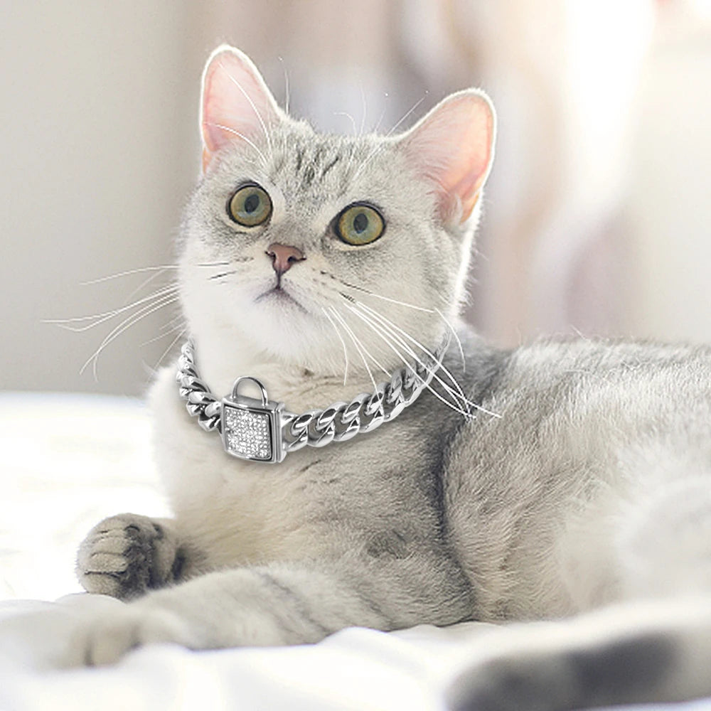 Stainless Steel Cat Chain Collar Luxury Puppy Cats Necklace Chain Cool Punk Pet Collars Party Necklaces For Cats Small Dogs Gold