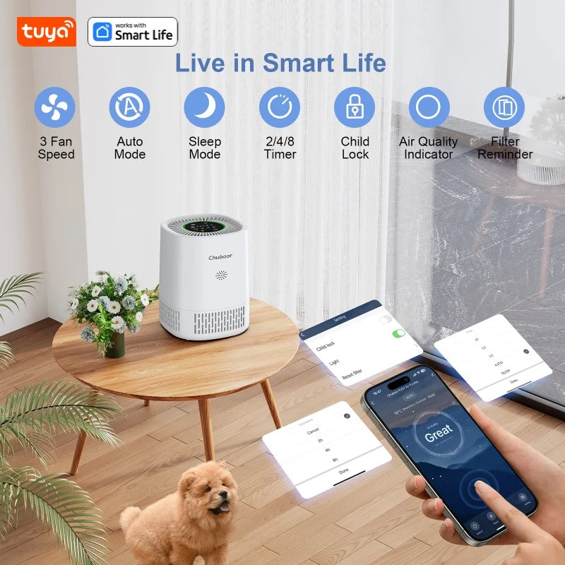 Tuya Smart Air Purifiers,APP Control HEPA Filter Air Cleaner for Pets