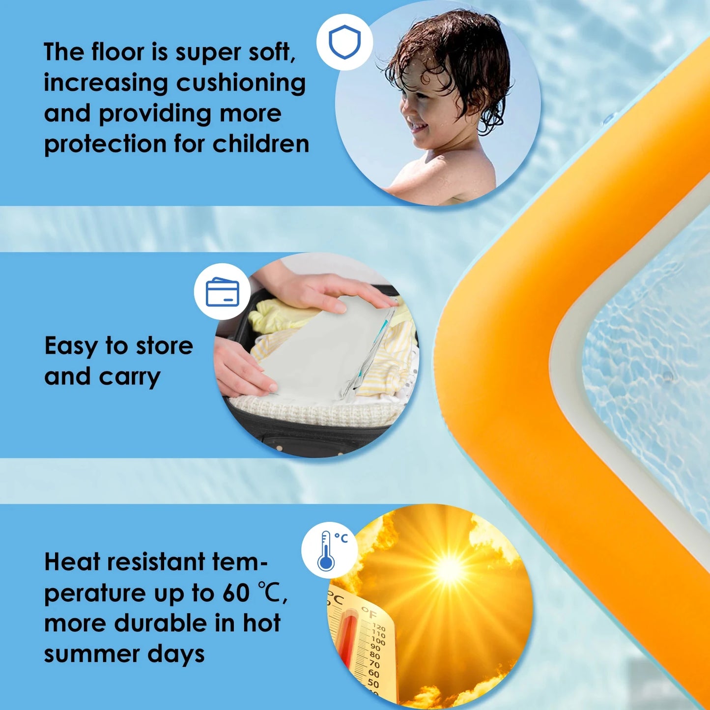 180/210cm Inflatable Swimming Pool Summer Outdoors Square-Shaped Kids Paddling Pool Inflatable Bath Tub with Drainage Design