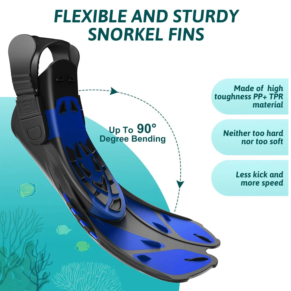 Snorkel Fins Adjustable Buckles Swimming Flippers Short Silicone Scuba Diving Shoes Open Heel Travel Size Adult Men Womens