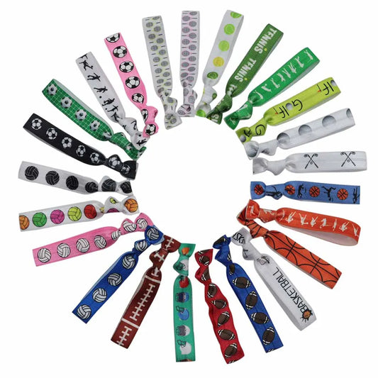 16Pcs Football Basketball Volleyball Ball Games Sports Printed Fold Over Elastic Hair Tie Hair Accessories Bracelet