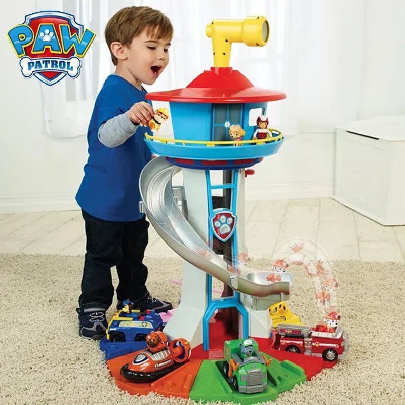 Original Paw Patrol Tower Toy Set Patrol Canine Lookout Vehicle Anime Figures Ryder Chase Skye With Rebound Bicycle Kids Gifts