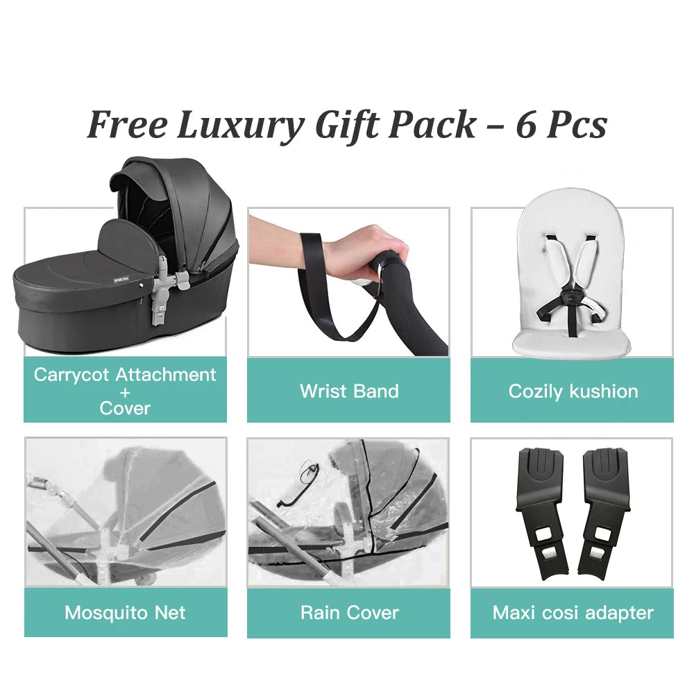 Hot Mom F023 Baby Stroller 3 in 1,Rotates 360 Degrees,PU Leather, Mosquito Net, Rain Cover, Adapter, Cup Holder, large wheels