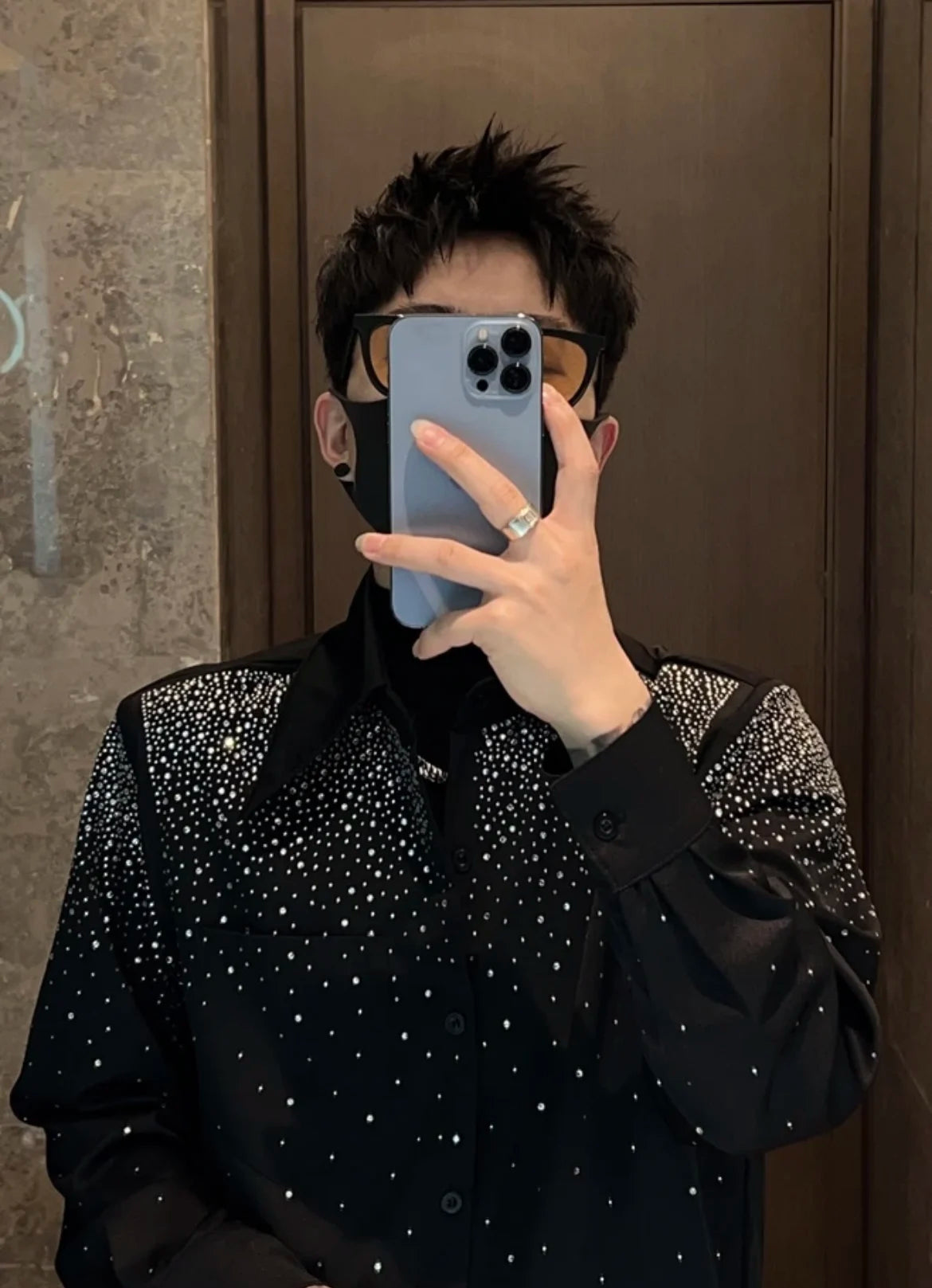 High-end Rhinestone Shirt Men's Long Sleeve 2023 Autumn New Fashion Trendy Non-Ironing Casual Shirts Streetwear Men's Clothing