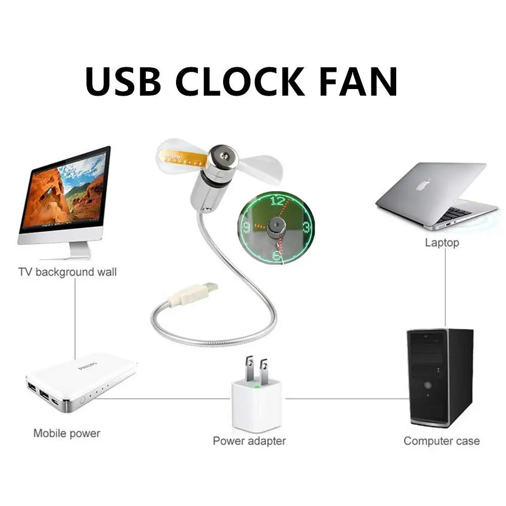 USB Clock Fan with Real Time Clock & Temperature Display Function Christmas Gift Night light Gadgets for Laptop PC Mini Fan