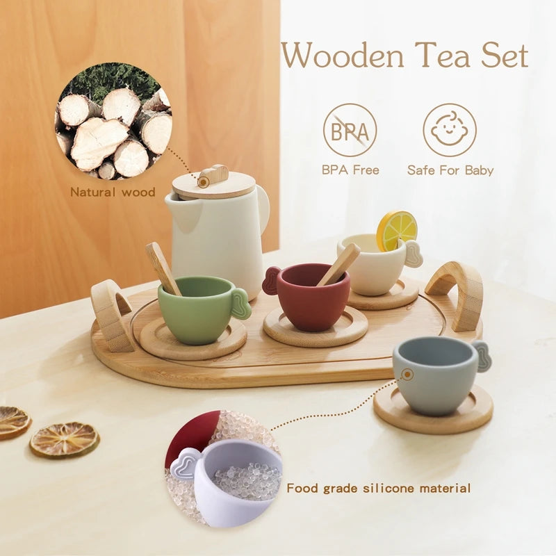 Wooden Children Montessori Toy Teapot Teacup Simulation Kitchen Utensil  BPA Free Silicone Kid Education Pretend Play Toy Gift