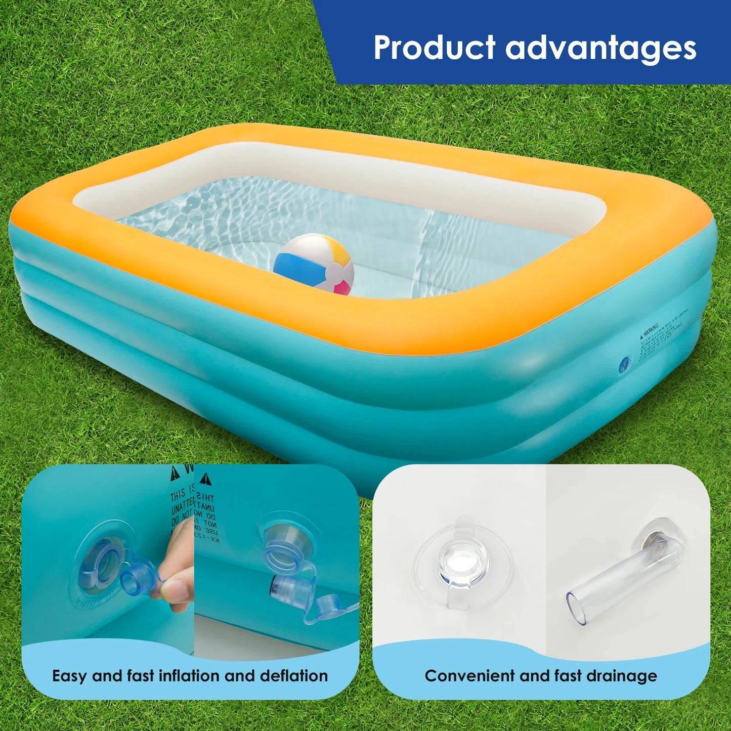 180/210cm Inflatable Swimming Pool Summer Outdoors Square-Shaped Kids Paddling Pool Inflatable Bath Tub with Drainage Design