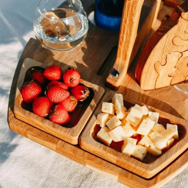 Wooden Folding Picnic Table with Glass Holder Round Foldable Desk Wine Glass Rack Collapsible Table Snack Tray for Garden Party