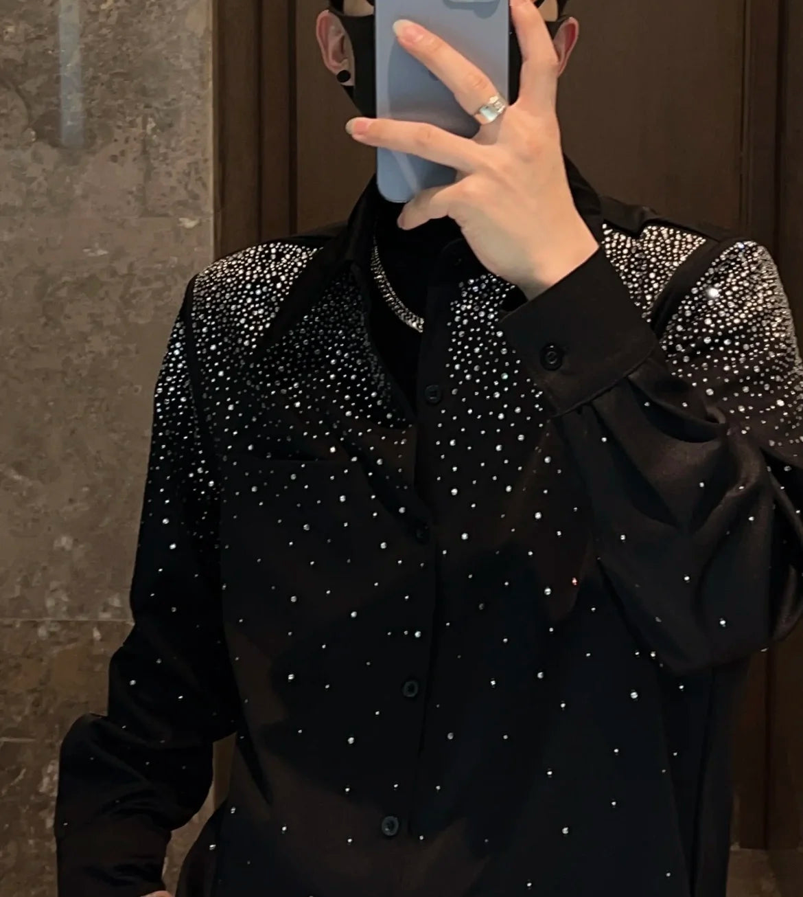 High-end Rhinestone Shirt Men's Long Sleeve 2023 Autumn New Fashion Trendy Non-Ironing Casual Shirts Streetwear Men's Clothing