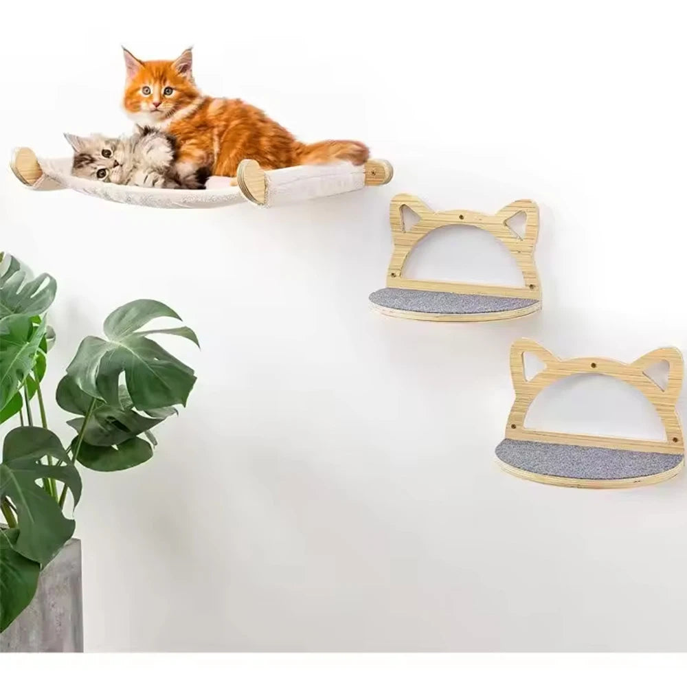 Cat Climbing Wall Type Combination Sisal Four-step Cat Stairs Cat Face New Pedal Solid Wood Cat Scratching Post Pet Furniture