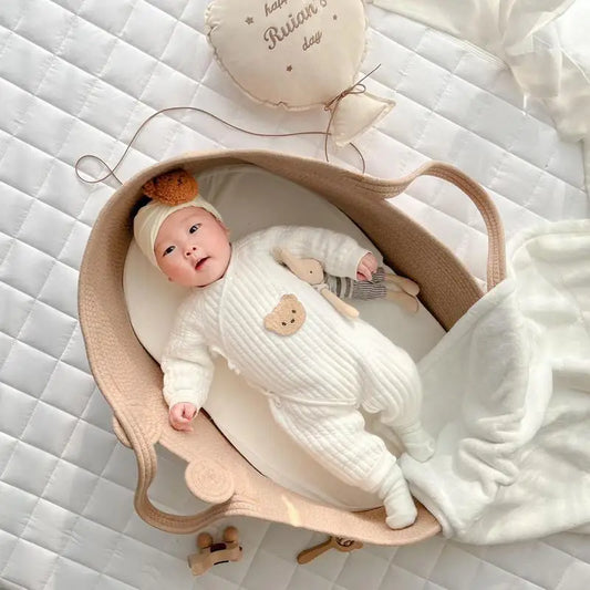 Moses Basket For Babies Cute Bear Pattern Handwoven Diaper Changing Basket Multifunctional Foldable Portable Babies Essentials