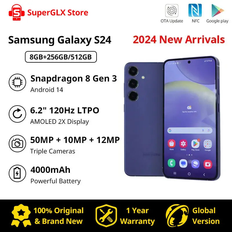 Samsung Galaxy S24 Snapdragon 8 Gen 3 6.2" 120Hz AMOLED 2X Display 50MP Triple Camera Android14 Samsung S24 AI Smartphone 2024