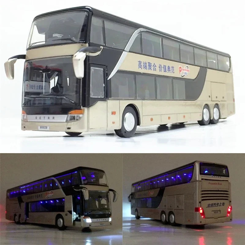 1:32 High Quality Alloy Double Deck Bus Sound Light Metal Diecast Pull Back Simulation Luxury Sightseeing Bus Vehicle Kids Toys