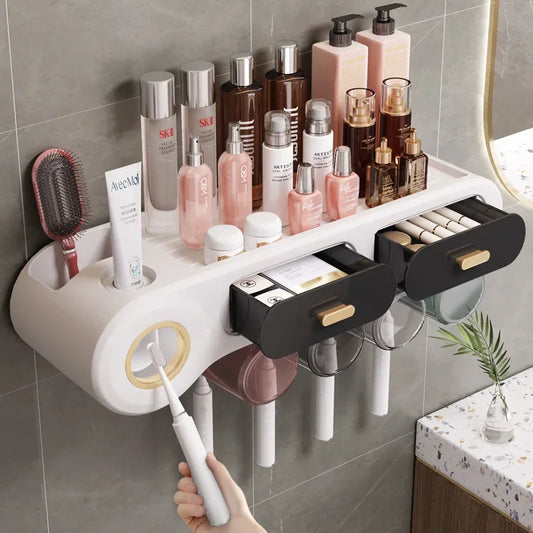 Toothbrush Holder Shelf for Restroom Automatic Toothpaste Squeezer Dispenser Home Punch-free Holder Bathroom Accessories Set