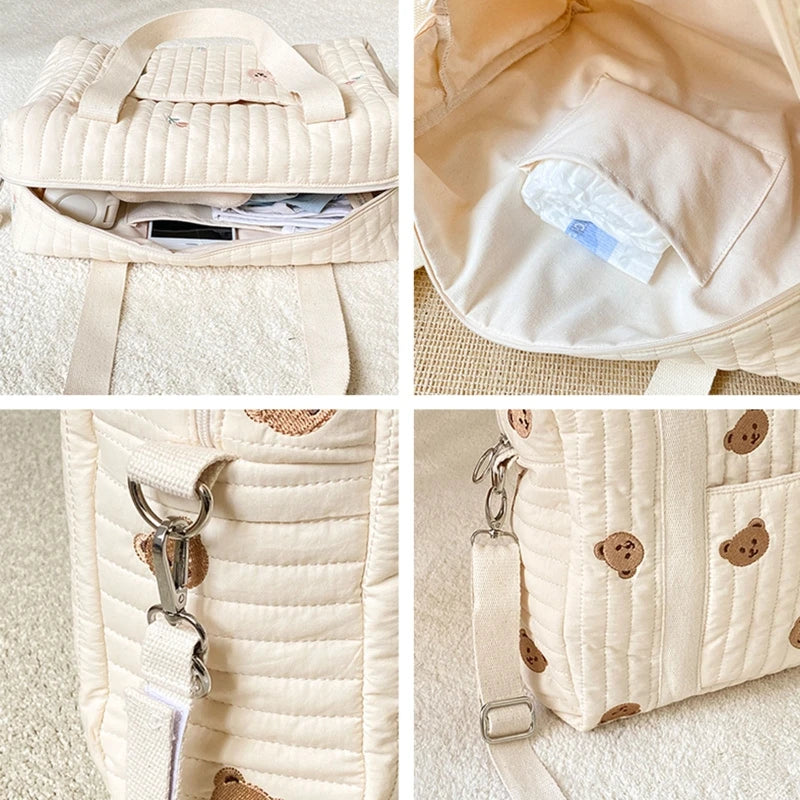 Embroidery Baby Bottle Bag on Stroller Soft Cotton Bucket Bag Bear Rabbits Olive Pattern Beige Lunch Box Bottle Tote Bag