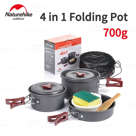 Naturehike Foldable Cookware Set Non-stick Frying Pan Pot With Lids Cookers for Camping Kitchen Cooking Kit Aluminium Alloy 700g