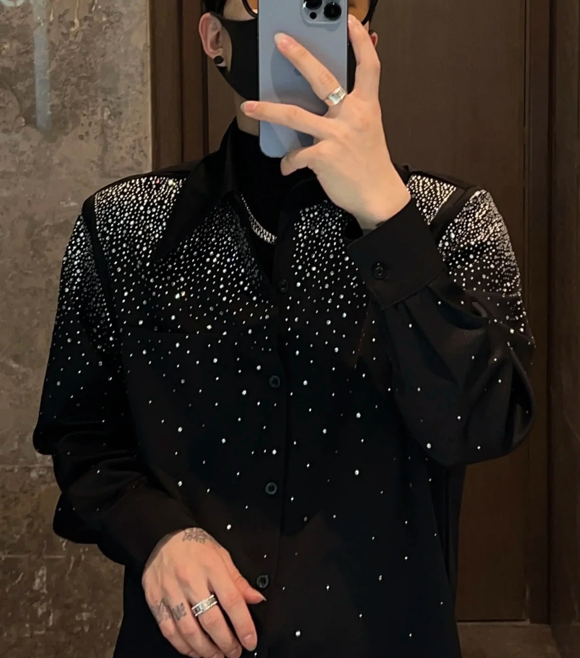 High-end Rhinestone Shirt Men's Long Sleeve 2023 Autumn New Fashion Trendy Non-Ironing Casual Shirts Streetwear Men's Clothing