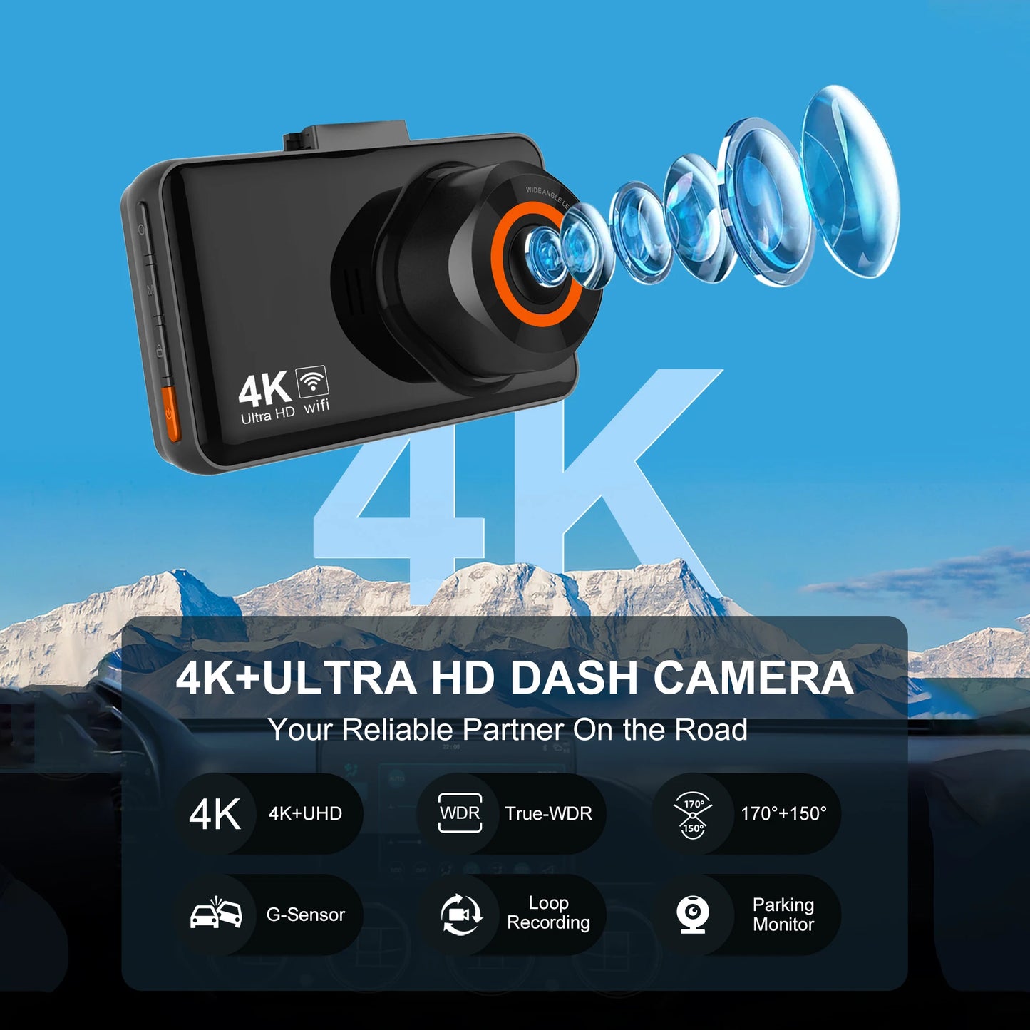 KQQ 4K WiFi Dash Cam for Cars Front and Rear Dual Lens Auto Dashcam Time-lapse Video Built-in Wifi Support 24H Parking Monitor