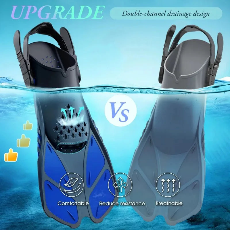 Snorkel Fins Adjustable Buckles Swimming Flippers Short Silicone Scuba Diving Shoes Open Heel Travel Size Adult Men Womens