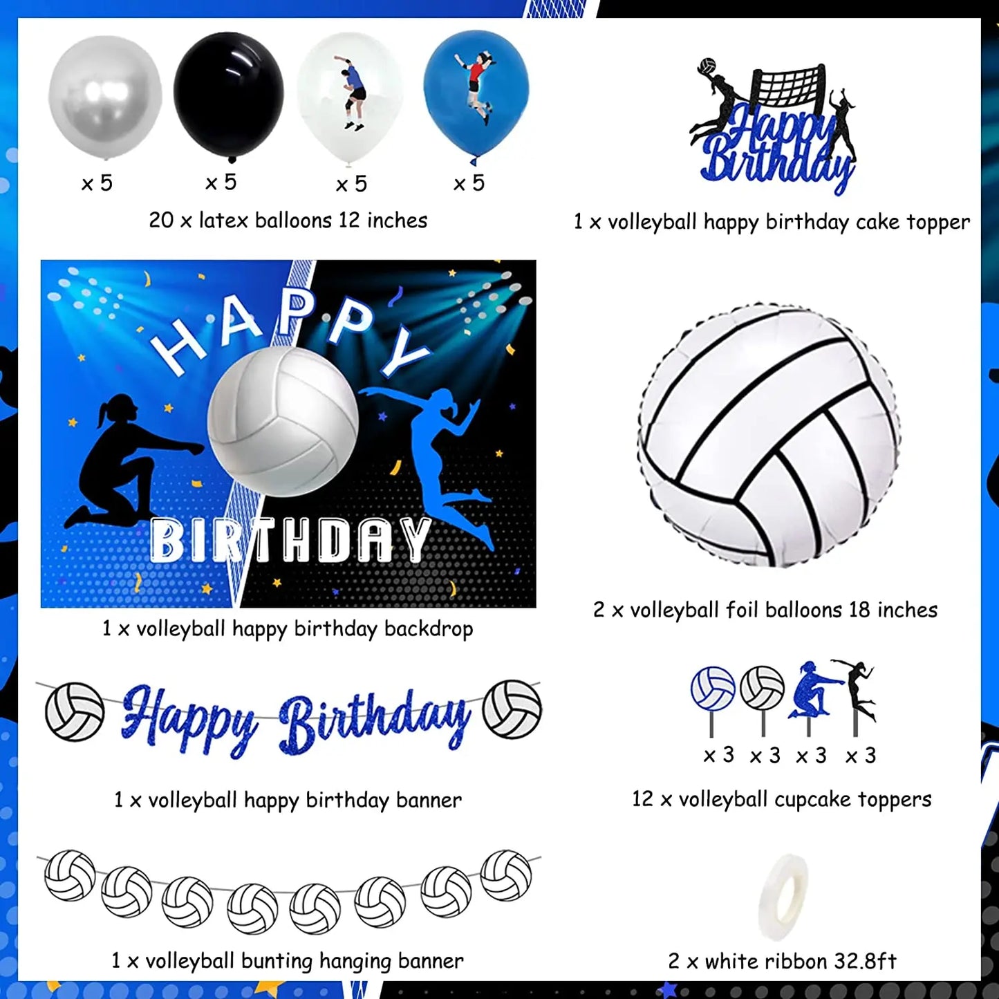 Volleyball Birthday Party Decorations Happy Birthday Banner Sport Backdrop Balloons Cake Topper for Girl Birthday Party Supplies