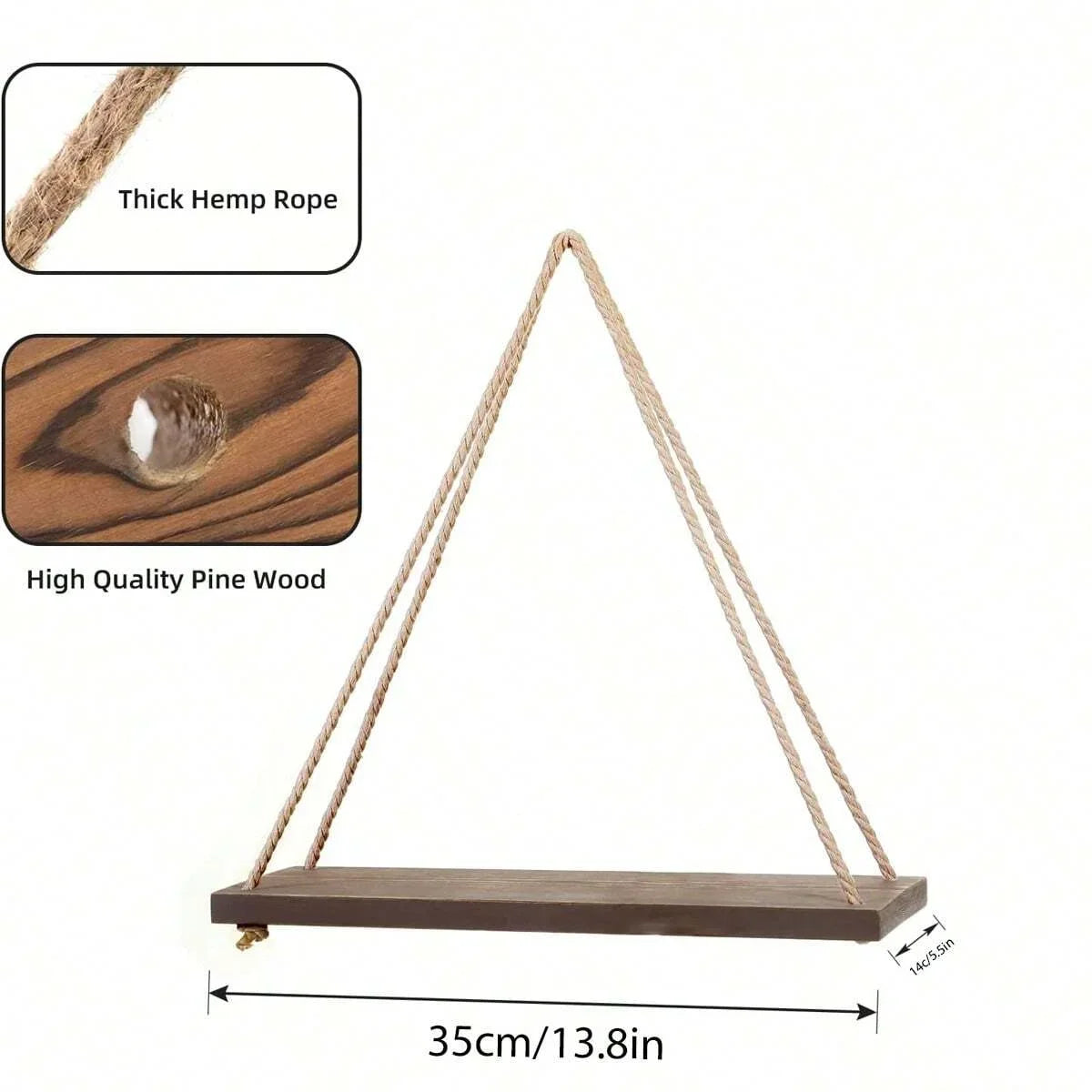 1Pc Wooden Swing Hanging Hemp Rope Wall Shelve Mounted Floating Home Living Room Plant Flower Pot Tray Storage Garden Decoration