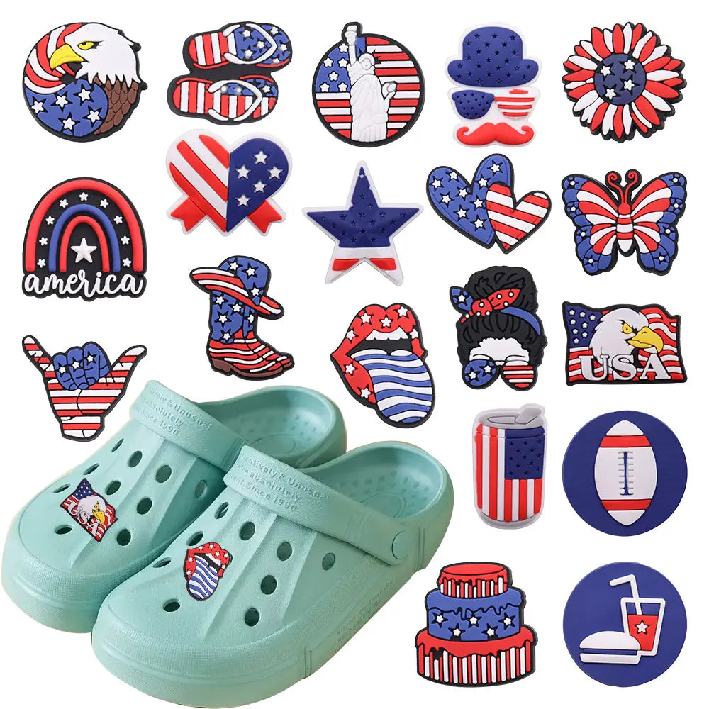 1-19PCS America Football Drinks USA Flower Statue of Liberty PVC Shoe Decoration Buckle Charms Clog Pin Hole Slipper Accessories